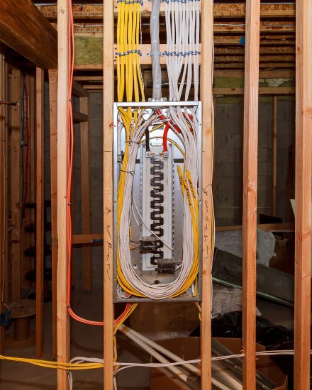 Electrical voltage switchboard box with wires with circuit breakers.