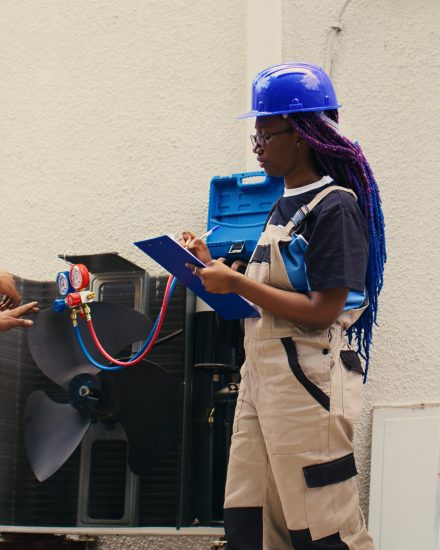 Diverse team of capable electricians brainstorming possible ways to repair damaged outdoor hvac system. Seasoned wiremen colleagues commissioned to fix broken air conditioner